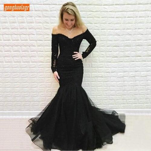 Graceful Black Mermaid Evening Dresses Long Sleeve Off Shoulder Lace Beaded Sweep Train Evening Gowns Women Party Formal Dress