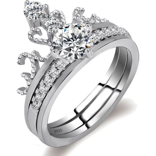 2 pcs Princess Style Hollow Heart 925 sterlring Silver Crown Ring set women Engagement Jewelry Engagement Wedding Party