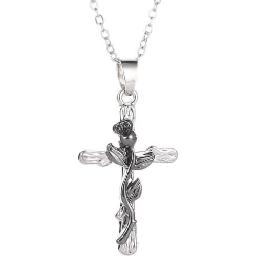Creative Retro Jesus Rose Cross Pendant Necklace Charming Womens 4-Color Flower Clavicle Chain Fashion Jewelry Gift