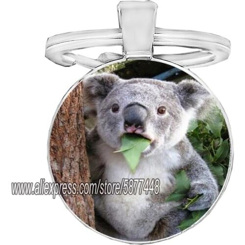 Cute Koala Eating Leaves Girl Keychain Handmade Lovely Animal Bear Photo Glass Cabochon Women Key Rings