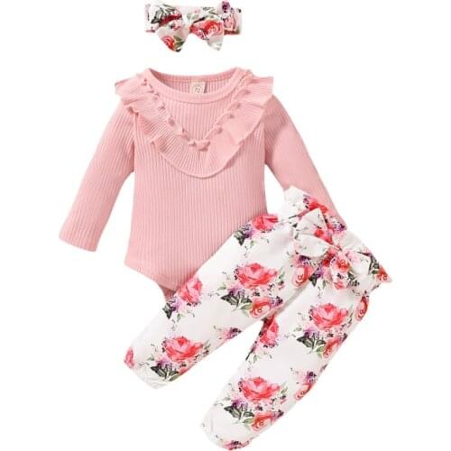 Baby Girl Cute Romper Trousers Sets Clothing Long Sleeve Romper Top +Floral Trousers Headband Outfits Clothes