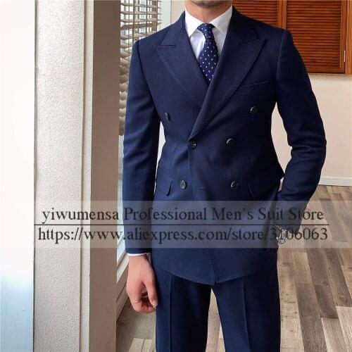 YIWUMENSA Brown/Navy Grooms Wear Men Suits For Wedding Double Breasted Jacket With Pants Business Office Smoking Blazers Terno