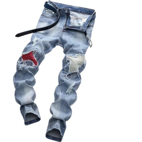 2021 New Arrival Mens Patchwork Ripped Biker Jeans Autumn Winter Male Straight Hole Silm Denim Pants Vaqueros Hombre 28-42