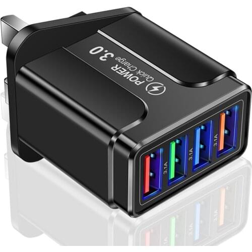 New Luminous 3.1A 4USB Mobile Phone Charger Travel Charger Head Multi-port LED Lights Durable Adapter UK Plug