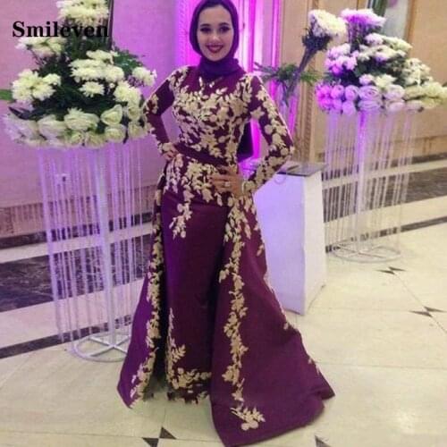 Smileven Caftan karakou algerien Mermaid Formal Evening Dress Long Sleeve Removable Train Gold Lace Peplum Occasion Evening Gown