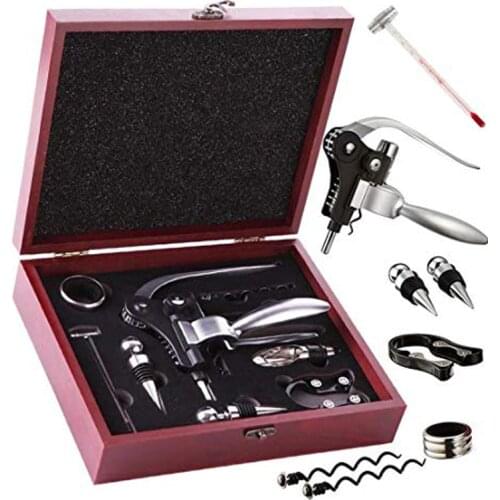 Stainless Steel Opener for Wine Professional Bottle Opener Tools Set with Wood Gift Box Pourer Stopper Foil Cutter Drip Ring Kit