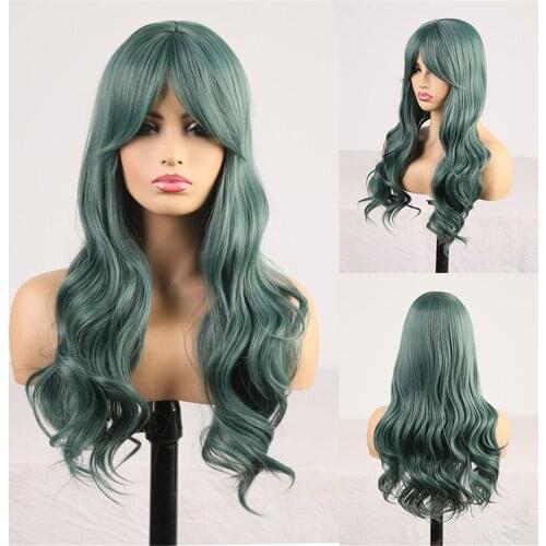 Machine Made Wig With Full Bangs Body Wave Synthetic None Lace Wig for Women Girls Natural Look Cospaly Wig