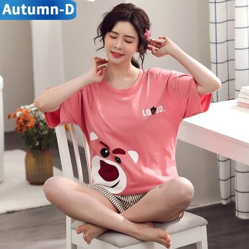 Womens Pajamas Suit Cotton Cartoon Pink Comfortable Short Sleeve Shorts Set Crew Neck Nightgown Spring Summer Clothes For Home