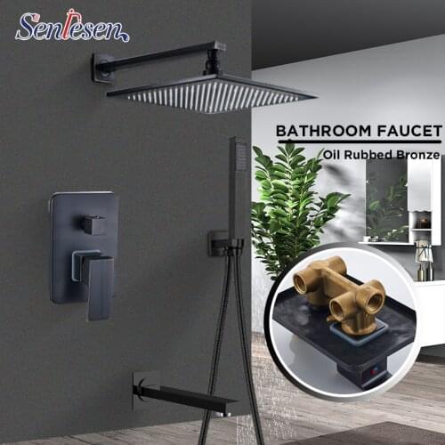 Senlesen Bathroom Shower Faucet Black Bronze Rainfall Shower Head Triple Mixer Valve Faucet Set For Bath Shower Sets