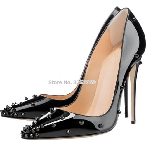 ALMUDENA Luxury Spike Thin High Heel Shoes Nude Black Silver White Leather Gold Rivets Dress Shoes Metallic Studded Wedding Pump