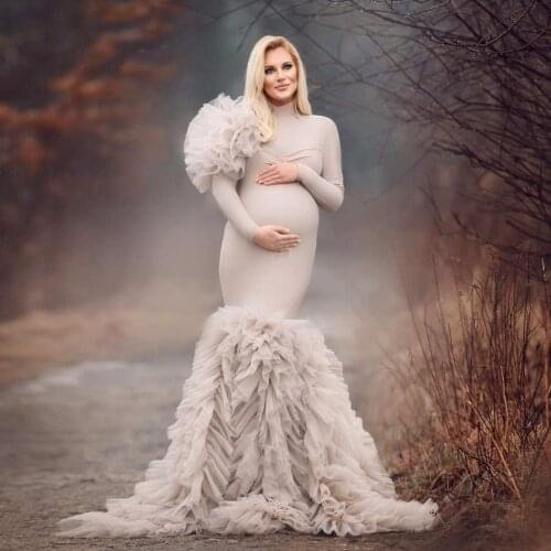 Unique High Neck Full Sleeves Tulle Maternity Dresses To Photography Lush Ruffles Flowers Pregnanty Women Gowns Floor Length