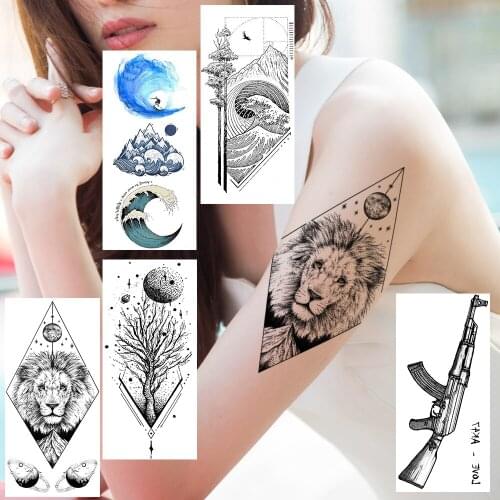 Geometric Lion Temporary Tattoos Sticker Fake Planets Wave Tree Tattoo Waterproof Dot Pattern Tatoo For Women Men Body Art Decal