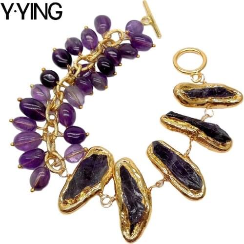 Y·YING Natural Purple Amethysts Rough With Electroplated Edge Asymmetric strand Bracelet 8" gold color plated bracelet for women