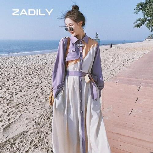 ZADILY Office Lady Patchwork Women Shirt Dress Long Sleeve Sashes Button Ladies Maxi Dresses 2021 Summer Pluse Size Holiday Robe