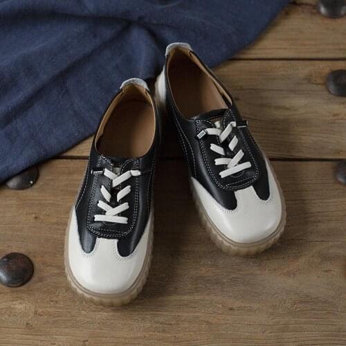 2021 Designer Shoes Soft Lace Up Genuine Leather Flats For Women Handmade Brown/Black