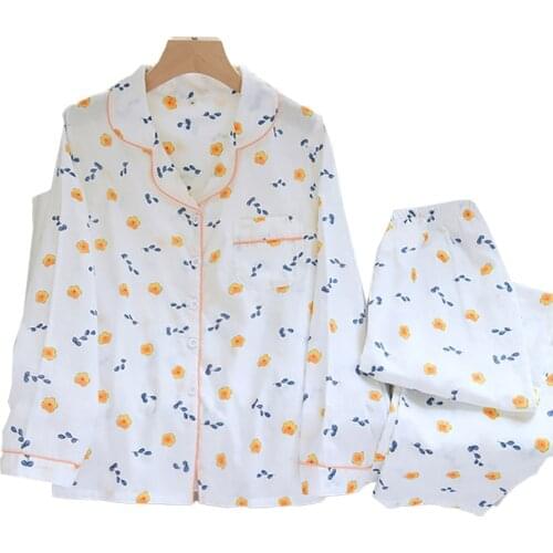 Gauze Cotton Women Gauze Cotton Pajama Set All Seasons Turn-Down Collar Simple Style Sleepwear Ladies Household Soft Casual Wear