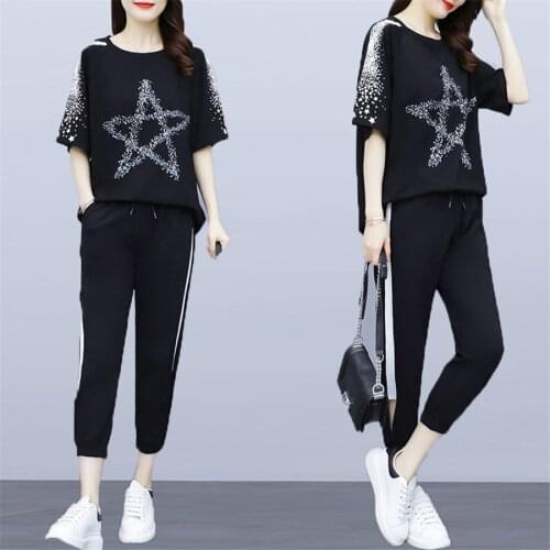 Large size clothing for women Summer bling star print Sporting suit 2 piece set Oversize Lady clothes set Tracksuit L-5XL