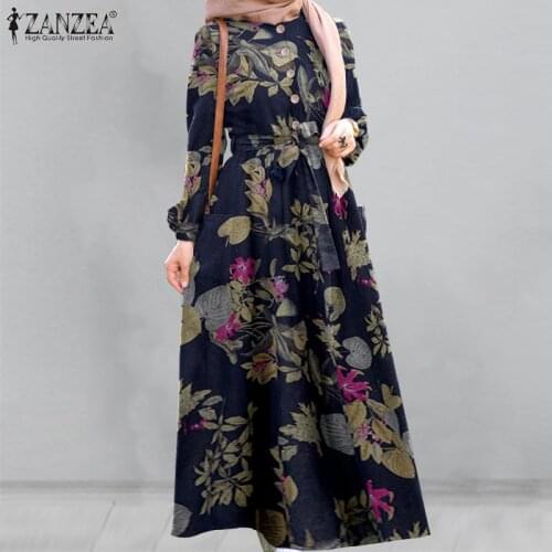 Retro Floral Printed Maxi Dress Womens Autumn Sundress 2021 ZANZEA Muslim Dresses Female Belted Oversized Long Vestido Robe
