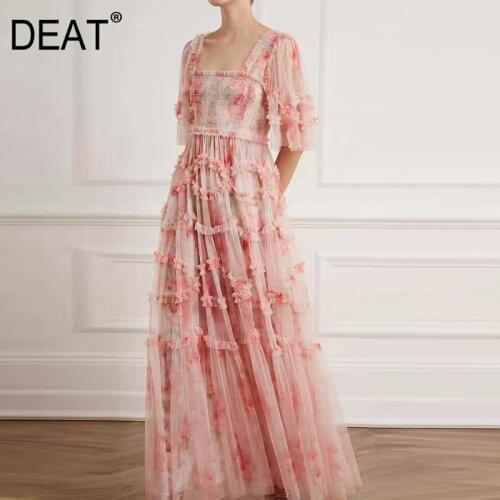 DEAT Woman Dress Small Floral Mesh Square Collar Petal Sleeve Elastic Long Length Elegant Beach Style 2021 New Summer 15XF020