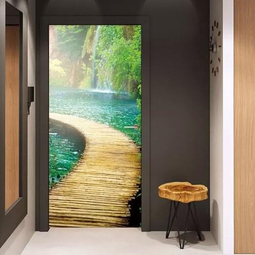 2pcs/set Lake Wooden Bridge DIY Door Art Mural Sticker Home Decor Bedroom Living Room Door Wall Stickers Peel & Stick Art Mural