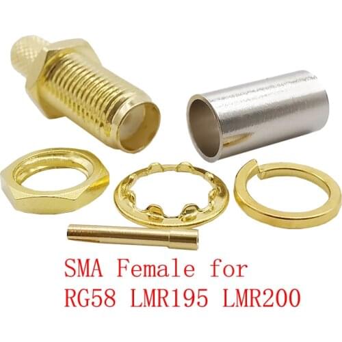 2Pieces Gold-plated Brass SMA Female Jack Crimp Connector RF Coaxial Coax Solder Adapter for RG58 LMR1965 LMR200 Cable