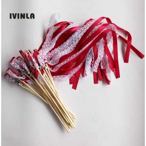 50pcs/lot Red Wedding Wands with white lace and sliver Bells for wedding decoration