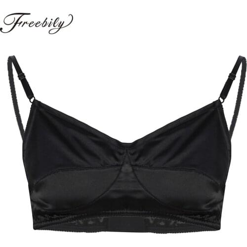 Mens Sissy Lingerie Tank Bra Nightwear Male Smooth Shiny Satin Wire-free No Padded Bralette Adjustable Spaghetti Straps Bra Tops