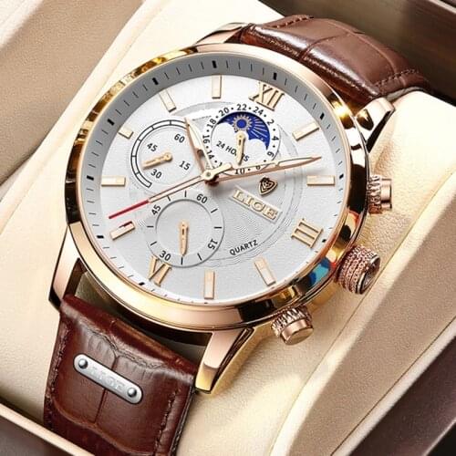 2021 LIGE Watches Mens Top Brand Luxury Clock Casual Leathe 24Hour Moon Phase Men Watch Sports Waterproof Quartz Chronograph+Box