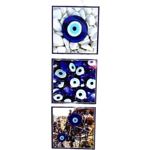 Wooden Triple Wall Ornament with Evil Eye Bead and Wish Tree Picture