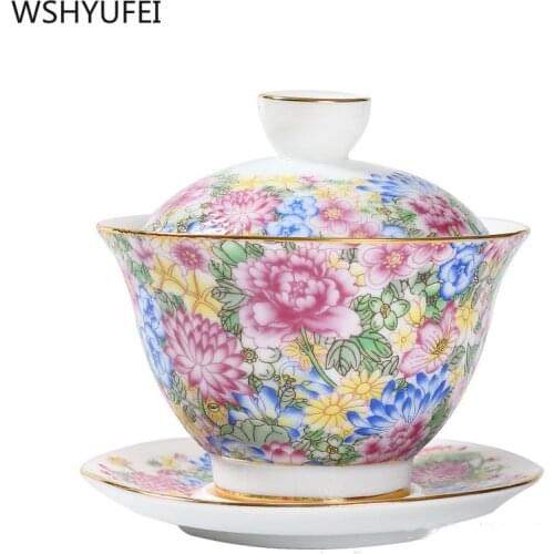 WSHYUFEI Jingdezhen Porcelain Gaiwan Exquisite Enamel Color Tea Bowl with Saucer Lid Kit Handmade ceramics Teaware 140ml
