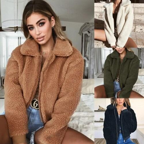 Fleece Faux Fur Jumper Winter Women Turndown Collar Wool Blend Jacket Long Sleeve Zipper Loose Thick Coat
