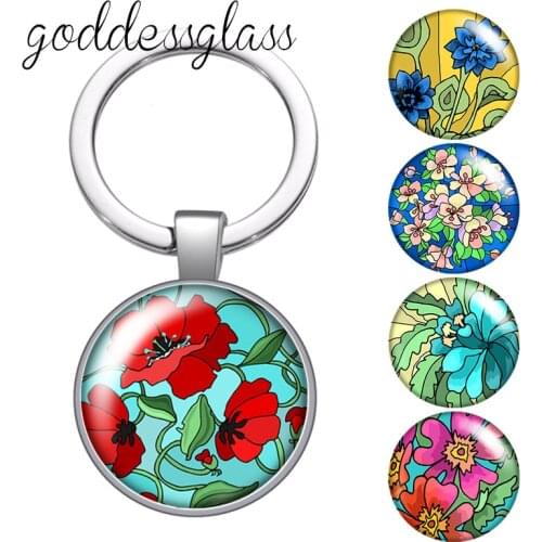 Beauty Flowers painting images Round glass cabochon keychain Bag Car key chain Ring Holder Charms keychains for gift