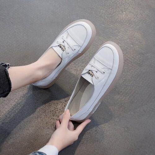 Women Flats Spring Summer White Shoes Genuine Leather Loafers Non-Slip Pregnant Shoes Breathable Walking Oxford Flat