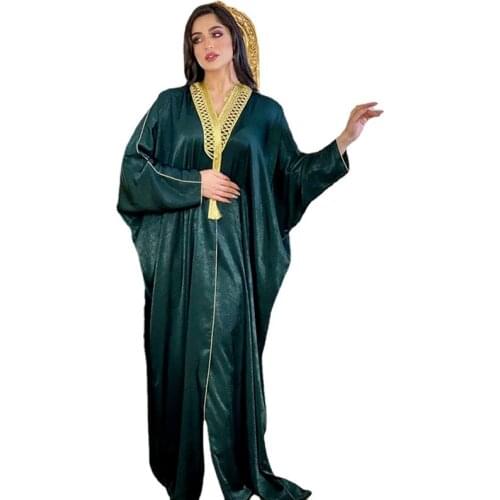 Moroccan Kaftan Dubai Opened Gown Dresses for Women Golden Ribbon Batwing Sleeve Muslim Turkey Arabic Clothes Velvet