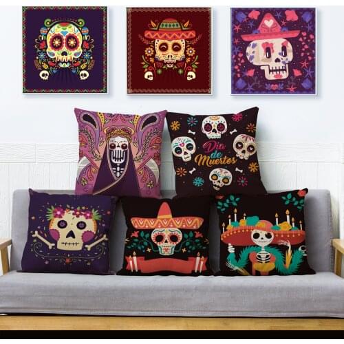 Cartoon Flowers Skull Print Cushion Cover Day Of The Dead Festival Pattern Pillowcase Kid Gift Linen Pillows Cases Home Decor