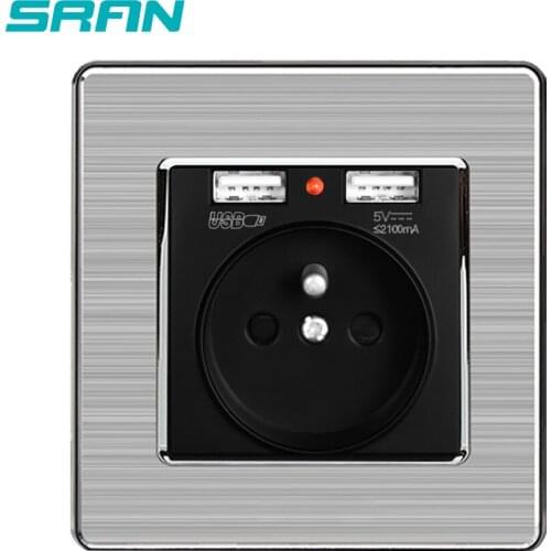 Wall France Power Plug Socket with USB,2USB Output 2.1A Stainless Steel Panel Electroplated silver 86mm*86mm Black