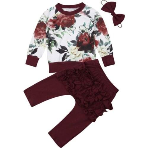 2019 New Newborn Baby Girls Clothes Winter Outfits Red Long Sleeve Flower Tops Sweatshirt+Ruffle Pants+Headband 3Pcs Set Clothes
