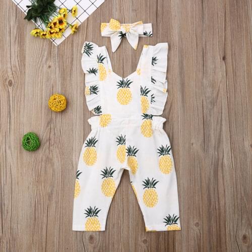 2020 New Summer Clothing Newborn Baby Girl Boy Pineapple Romper Ruffle Sleeve Yellow Jumpsuit Headband Holiday Outfit Set 0-24M