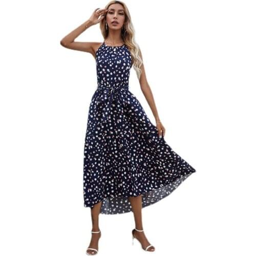 Womens Summer Dress Sexy Backless Spaghetti Fashion Print Polka Dot Lace Up Sleeveless Dress Elegant Woman Beach Holiday Dress