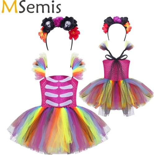 Rainbow Halloween Skeleton Costume for Kids Girls Witch Mesh Tutu Dress with Hair Hoop Set Children Scary Cosplay Costume