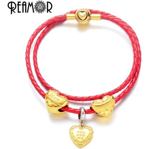 REAMOR Gold Plating Heart Clasp Charm Bracelets Women Mom Daughter Bead Red Double Layer Leather Bracelet Jewelry Love Gift