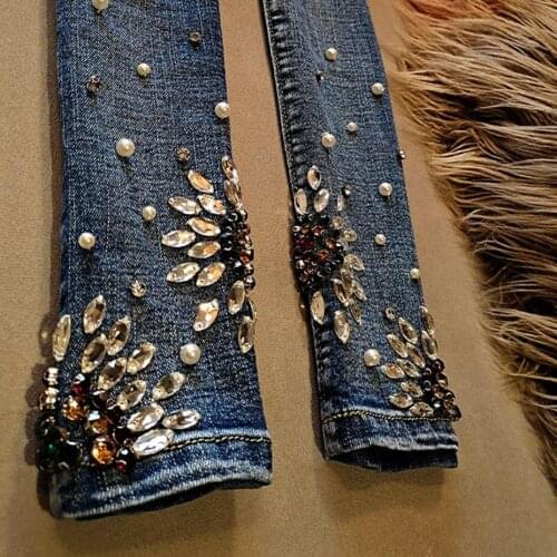 Handmade beaded rhinestone jeans women pearl diamond ankle length spring autumn skinny pencil jeans plus size