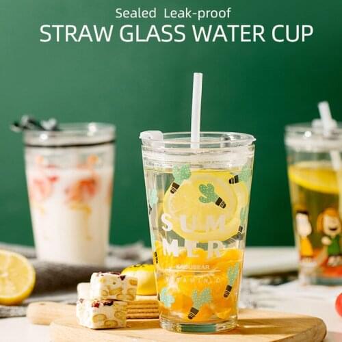 Hot Sale 450ml Cartoon Leak-proof Milk Juice Coffee Mug with Lid School Water Cup Summer Travel Glass Cup with Glass Straw