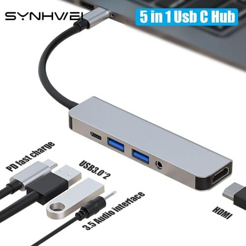 5 in 1 USB C Hub For Laptop Adapter HDMI 4K PD Charge 5 Port Docking Station With 3.5MM AUX PC Computer Notebook Type-C Splitter