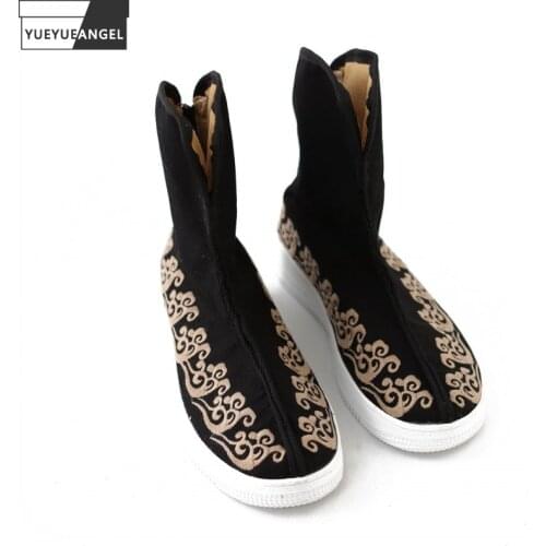 Vintage Mens Round Toe Floral Embroidery Canvas Ankle Boots Retro Wushu High Top Shoes Man Trainers Casual Thick Platform Shoes