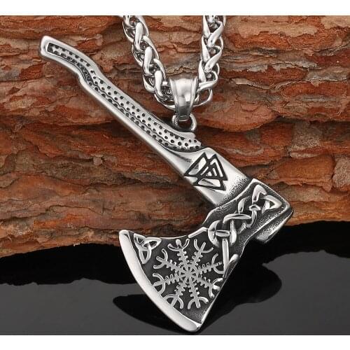 WANGAIYAO Nordic Double-sided Viking Tomahawk Odin Triangle Aegis Helm of Awe Rune Pendant Necklace Mens Jewelry Creative Gift