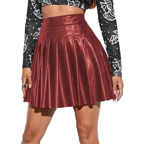 Womens High Waist PU Leather Pleated Solid Short Mini Skater A- Line Skirt