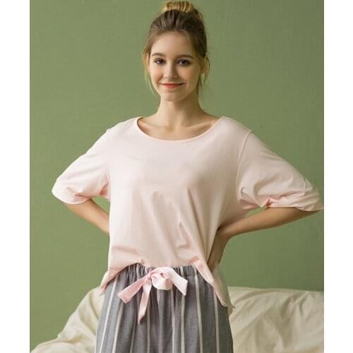 Womens Short-sleeved Top Short Pants Long Wide Leg Pants Yarn-dyed Pijama Mujer Living Clothes Pyjamas Silk Cotton Pajamas Set