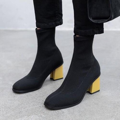 LOVIRS Women High Heel Ankle Boots Square Toe Colorful Chunky Heel Sock Boots New Design Spring And Autumn Sock Boots For Women
