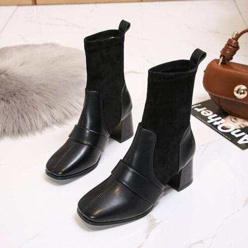 Plus Big Szie 43 44 Socks Boots For Women Fashion Square Toe 6cm Square Heels Ankle Boots Slip-on Shoes Woman Boats